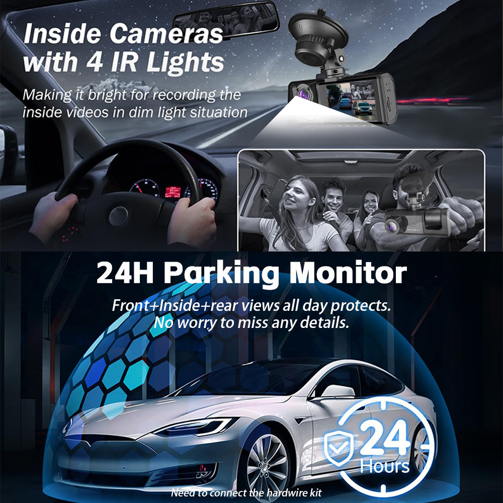 2025 3-Lens Car Dash Cam FULL HD TK309 – 1080P HD DVR, Night Vision, WiFi