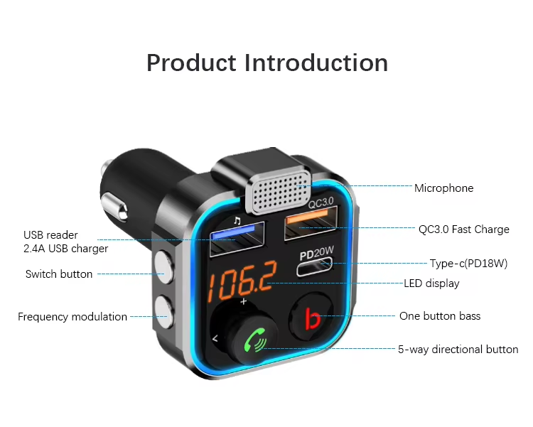 P5 BT Wireless Car MP3 Player FM Transmitter18W PD+QC3.0 Dual Port Fast Charger Universal Car Audio Accessories with HD Sound