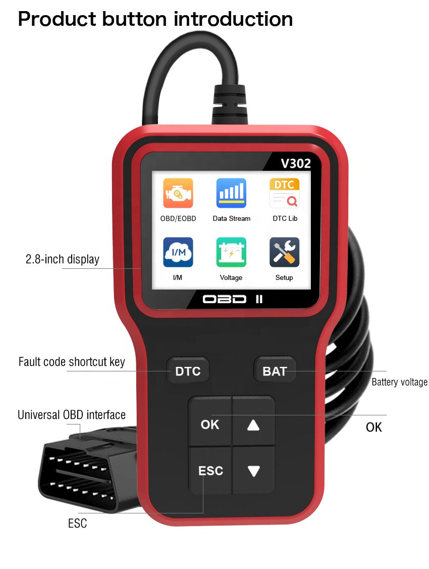 V302 OBD2 Scanner — Professional Car Diagnostic Tool | Multi-Language Engine Code Reader
