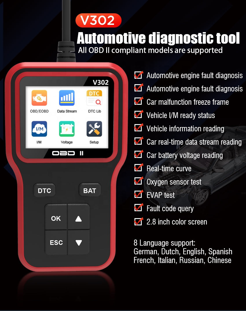 V302 OBD2 Scanner — Professional Car Diagnostic Tool | Multi-Language Engine Code Reader