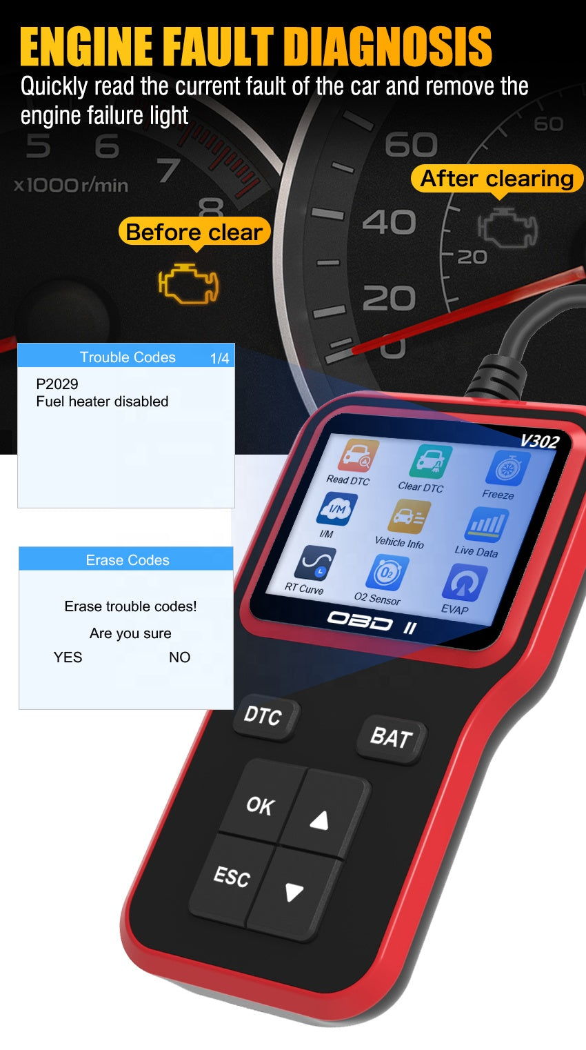 V302 OBD2 Scanner — Professional Car Diagnostic Tool | Multi-Language Engine Code Reader