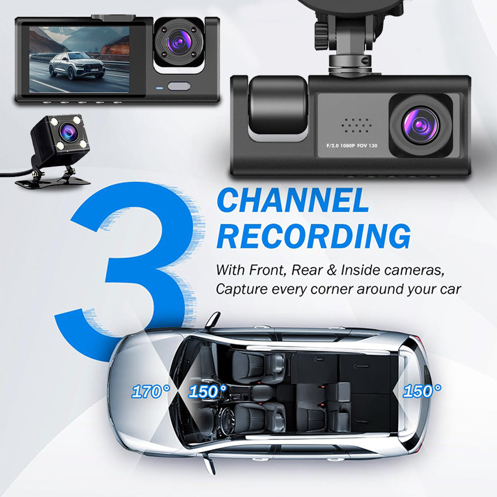 2025 3-Lens Car Dash Cam FULL HD TK309 – 1080P HD DVR, Night Vision, WiFi