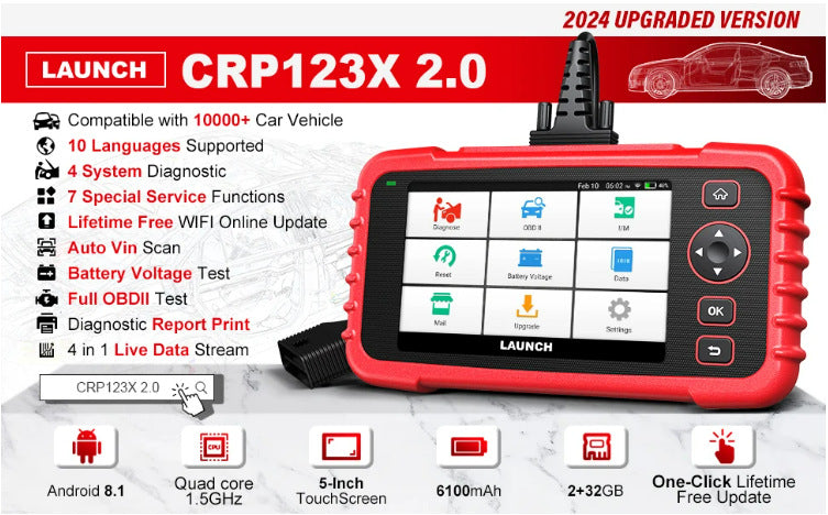 LAUNCH CRP123X 2.0 OBD2 Diagnostic Scanner – Engine, ABS, SRS, Transmission Diagnostic Tool | Android 8.1, 5” Touchscreen, 7 Reset Services, Lifetime Free WiFi Updates